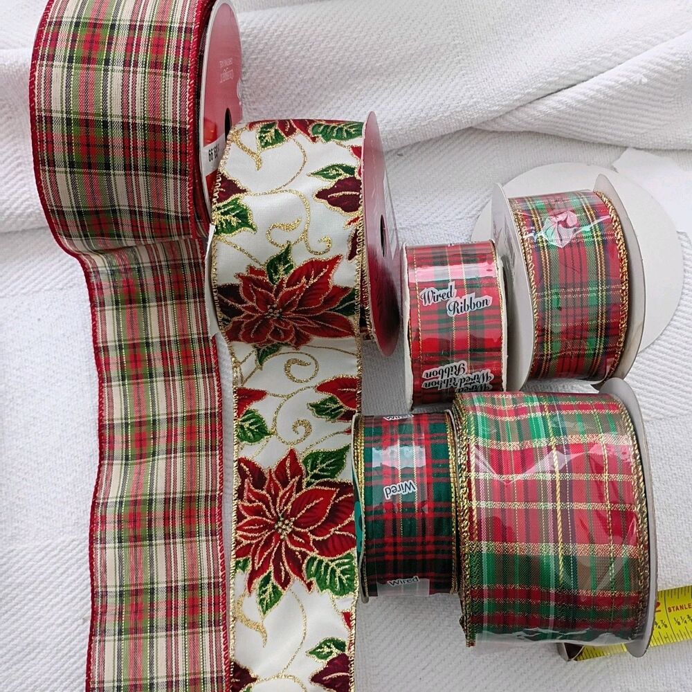 Plaid & Poinsettia  Christmas Ribbon Some Wired Variety Red & Green Lot Of 6